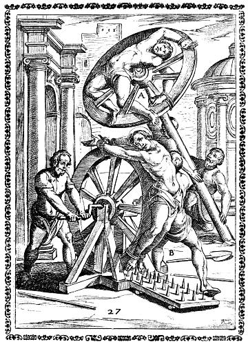 Darstellung der Folter mit einem Rad.